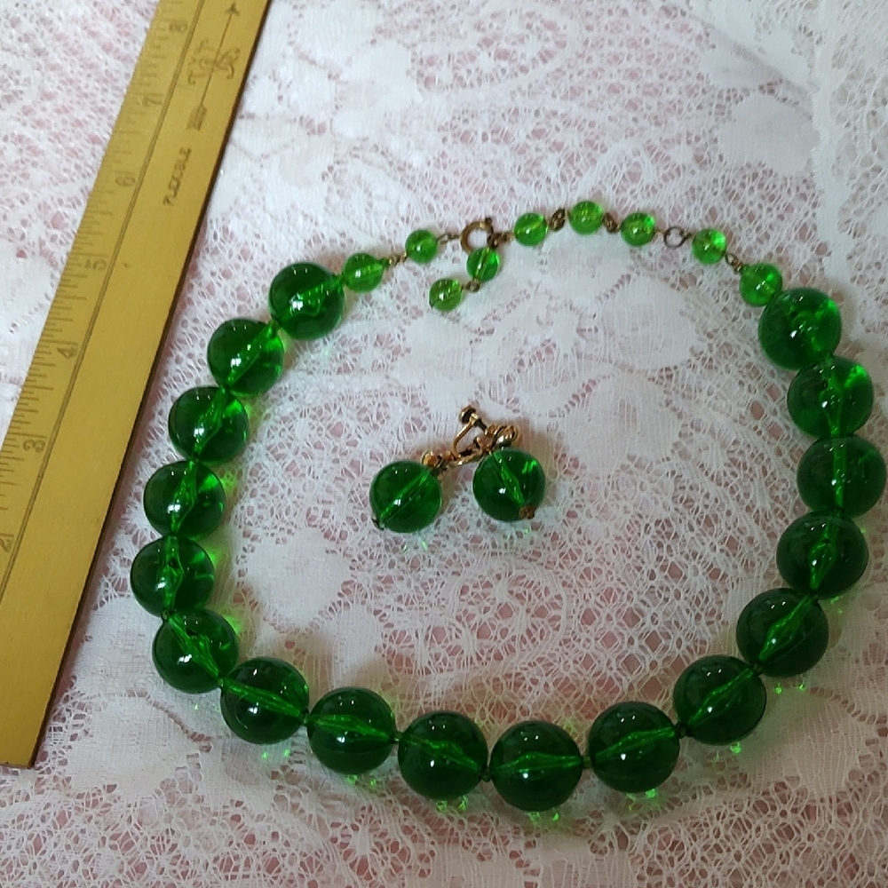 Vintage Lucite Green Beaded Necklace and Earring Set